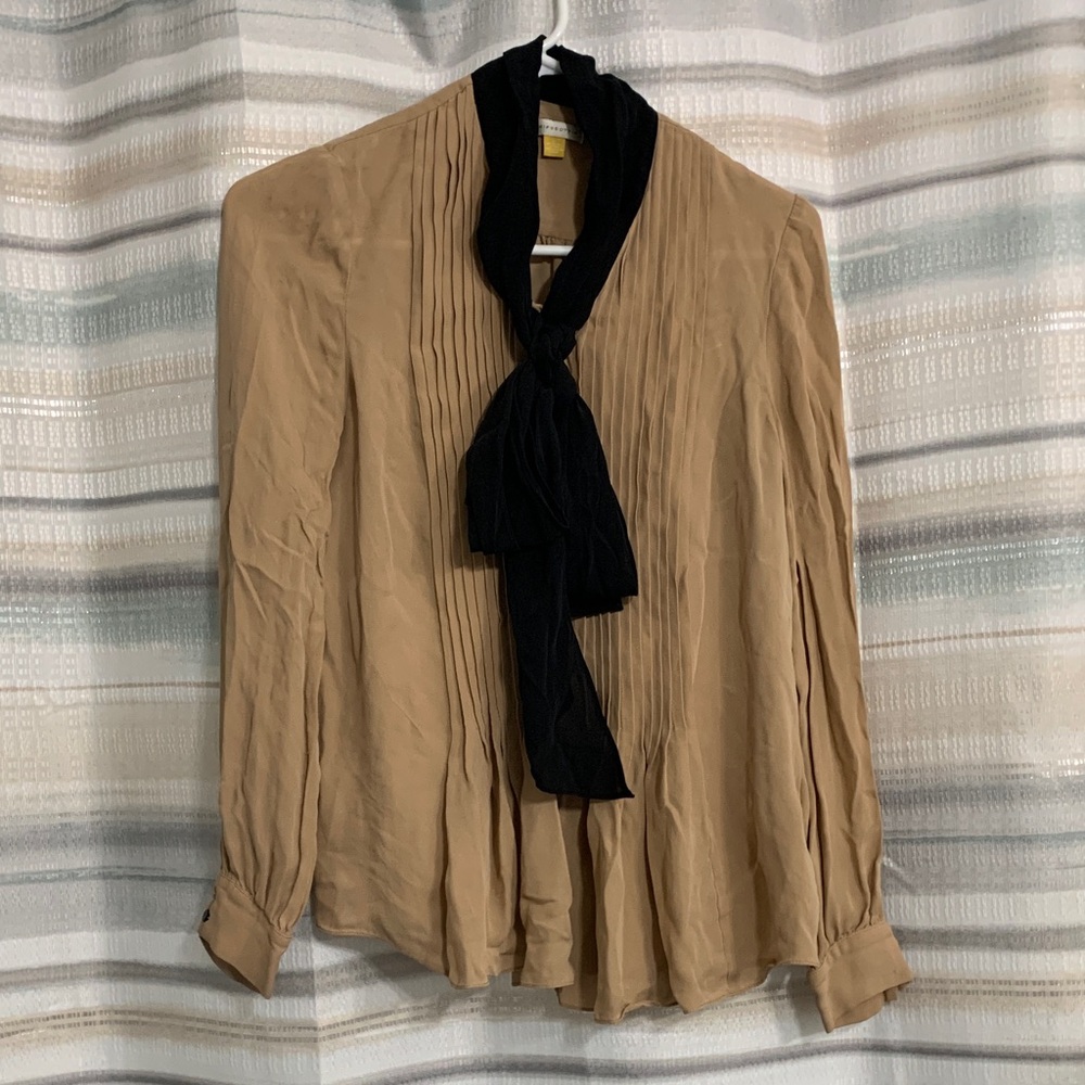 Leifsdottir Tan Blouse with Black Scarf Detail